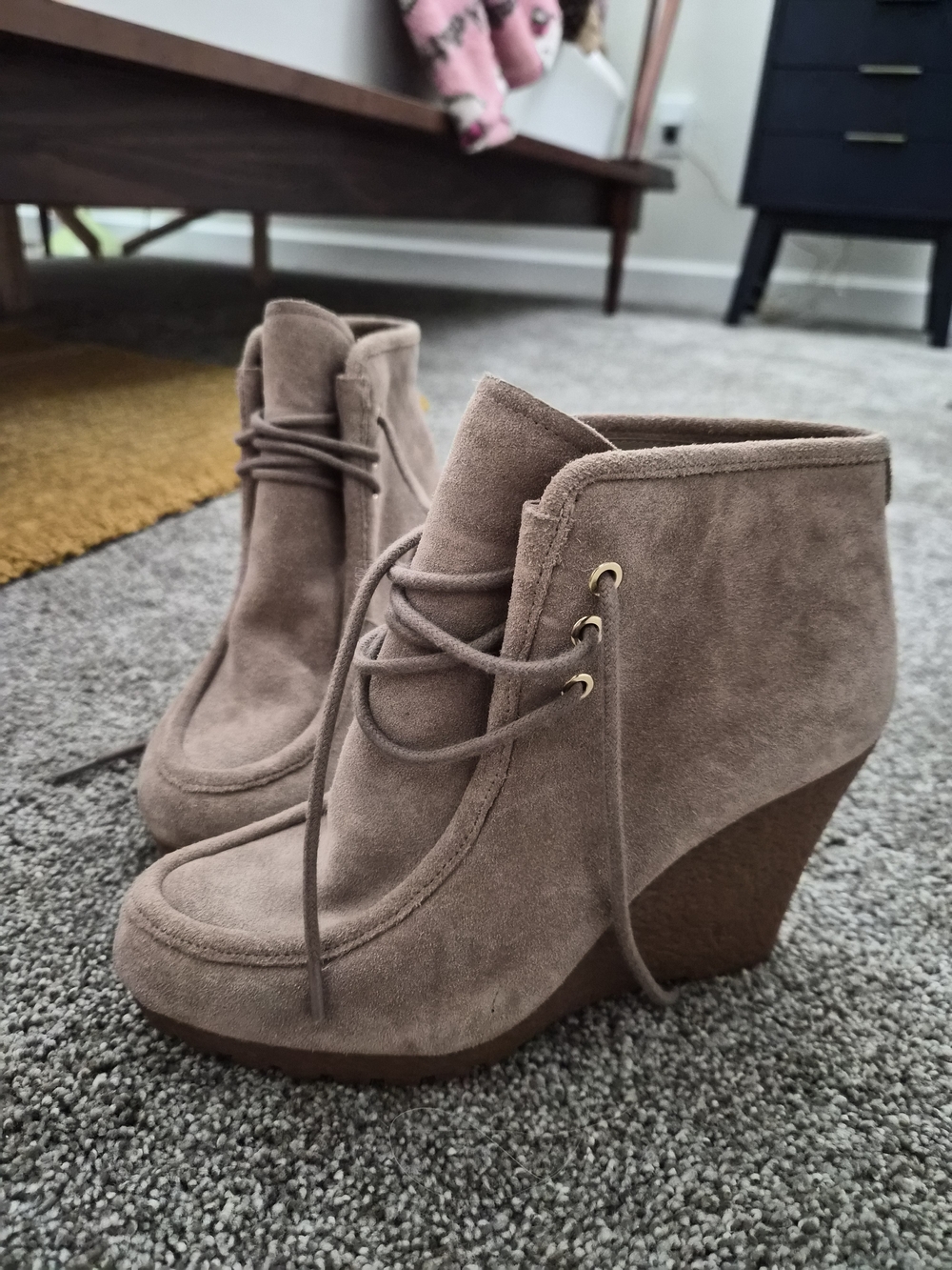 Michael Kors Taupe Suede Wedge Ankle Boots with Lace-Up Front